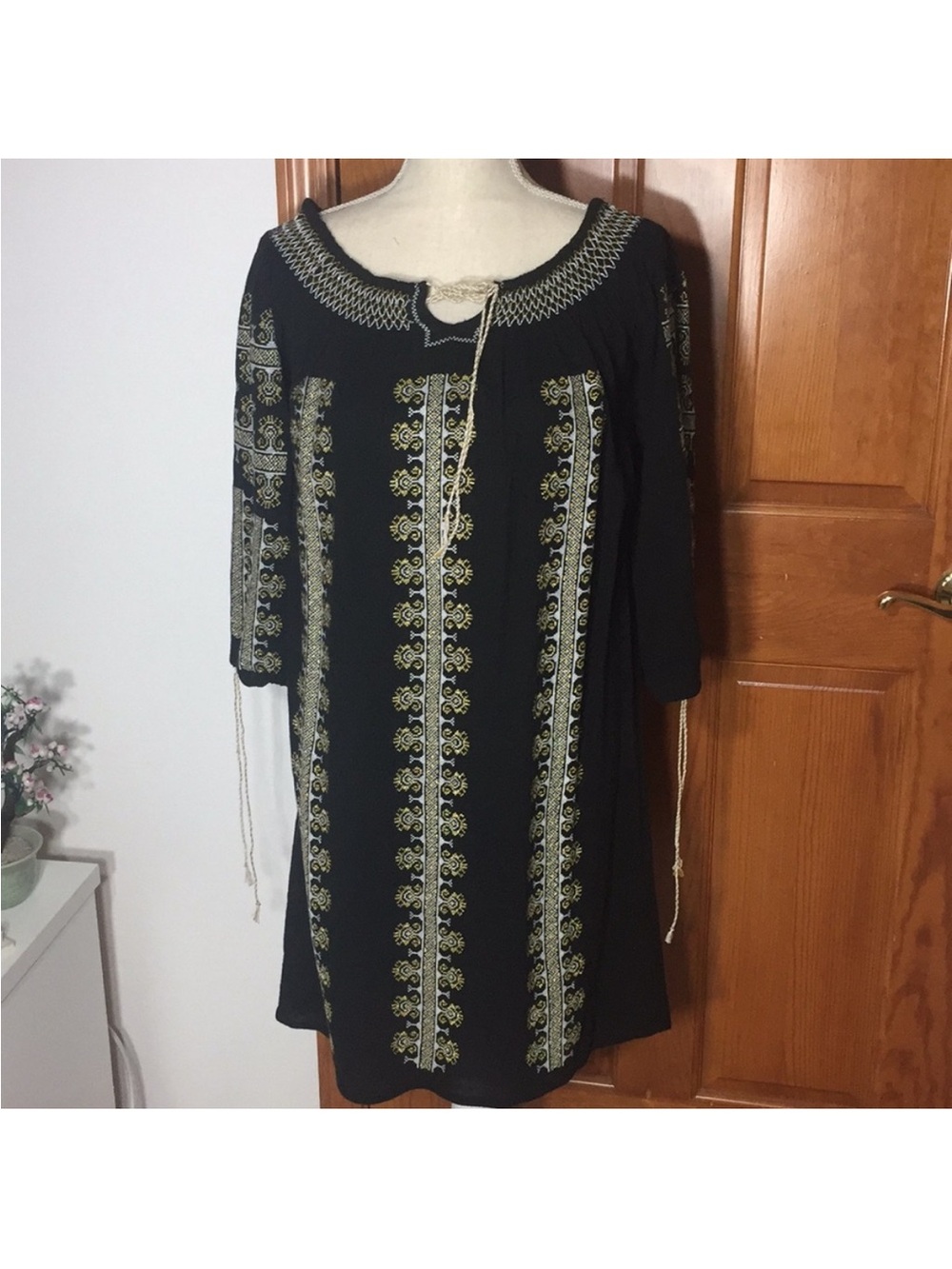 Black Embroidered Peasant Blouse with Gold Accent Detailing